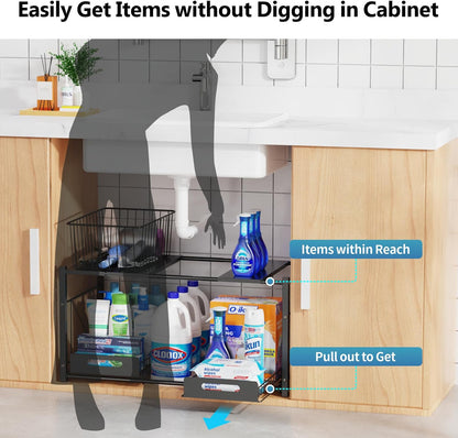 iSPECLE Extendable Under Sink Organizer - 2 Tier Expandable Under Cabinet Organizer Shelf with Height Adjustable Add Extra Space and Easy Access for 22" to 32" Wide Sink Cabinet, Black