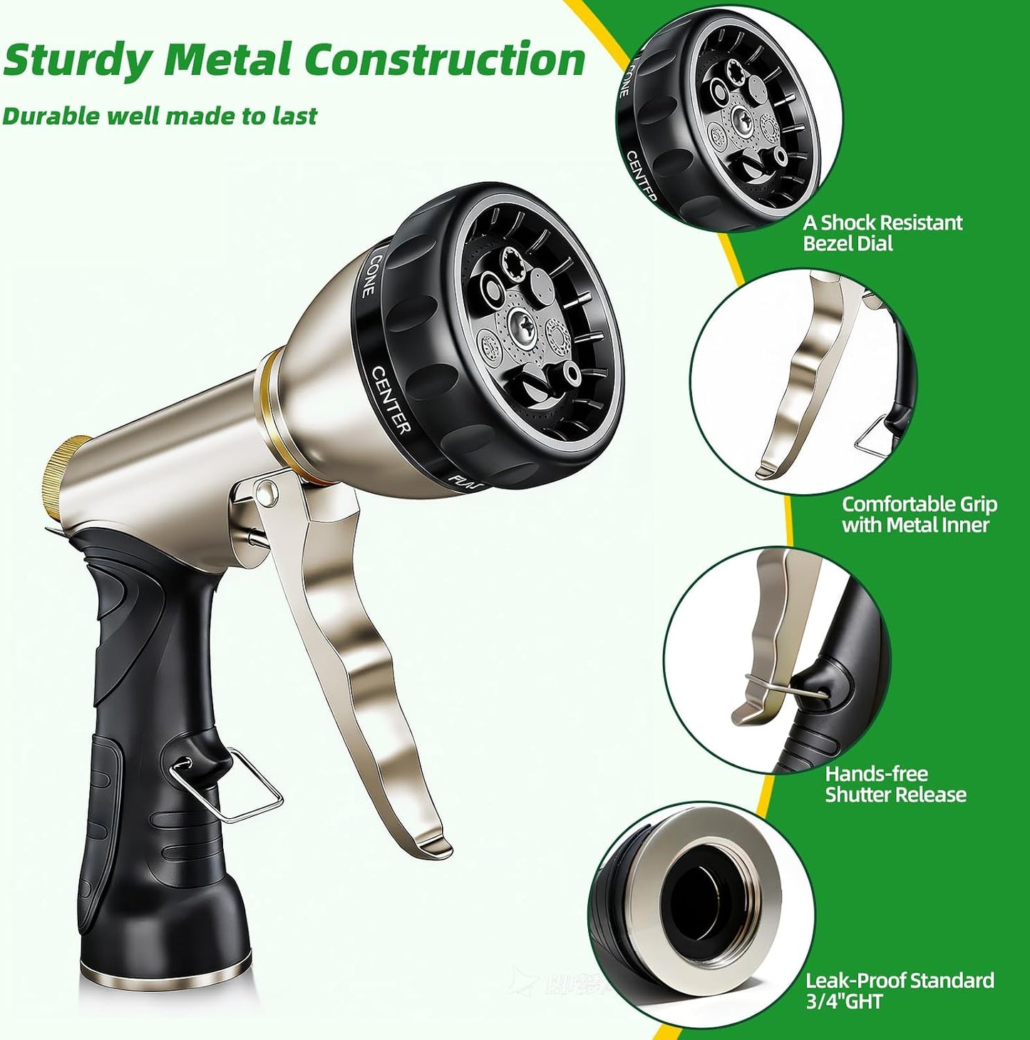 ARXIVE Garden Hose Nozzle,Heavy Duty High Pressure Hand Sprayer,100% Metal Water Hose Sprayer Nozzle with 7 Spray Patterns for Watering Garden,Lawns,Car Washing and Pet Washing