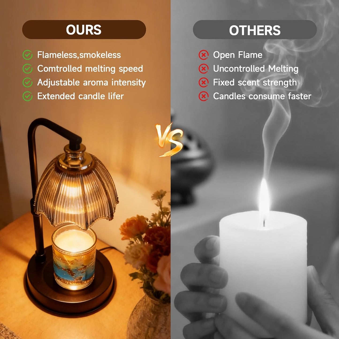 Candle Warmer Lamp with Timer, Dimmer, Vintage Glass Shade | Adjustable height, 2/4/8-hour timer, wood base, 2 bulbs included