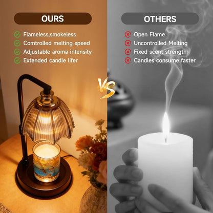 Candle Warmer Lamp with Timer, Dimmer, Vintage Glass Shade | Adjustable height, 2/4/8-hour timer, wood base, 2 bulbs included