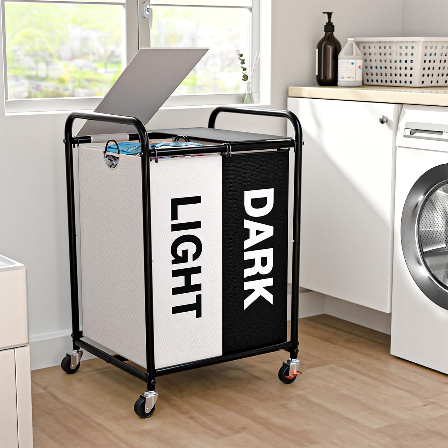 180L (47.55 Gal) Laundry Sorter 3 Section, Rolling Laundry Basket with Lockable Wheels and Lid, Laundry Hamper with 3 Separated Removable Bags Dirty Clothes Hamper for Laundry Room Organizer, Black