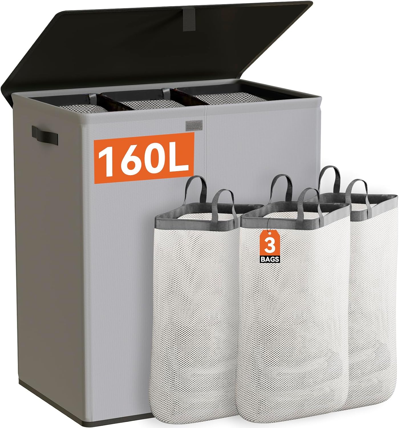 WOWLIVE Laundry Hamper with Lid,160L Large Laundry Basket 3 Section with Removable Washing Bags,Collapsible Waterproof Dirty Clothes Hamper for Laundry Room Bathroom Dorm,Beige