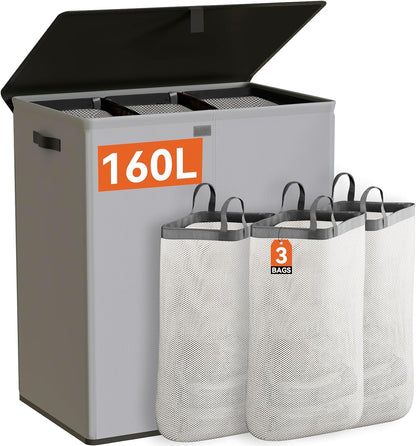 WOWLIVE Laundry Hamper with Lid,160L Large Laundry Basket 3 Section with Removable Washing Bags,Collapsible Waterproof Dirty Clothes Hamper for Laundry Room Bathroom Dorm,Beige