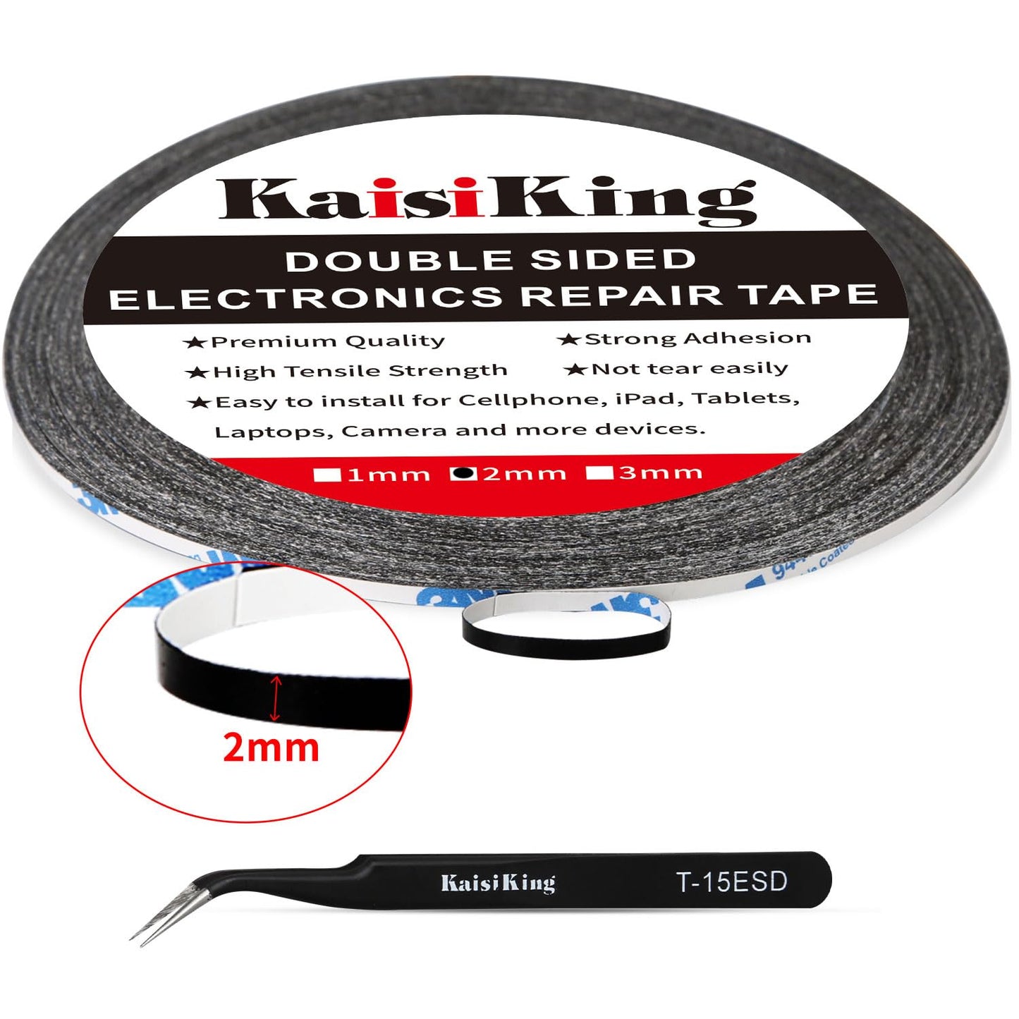 Kaisiking 2mm LCD Repair Tape for Phone Screen, Adhesive Tape with 1 Tweezers for Cell Phone, iPad, Tablets, Laptops, Camera