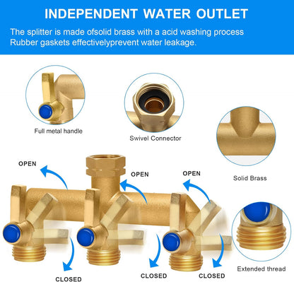 Brass Garden Hose Splitter 2-Way Heavy Duty - 3/4" GHT Threads with 2×304 Stainless Steel Handles, High Flow Design for Efficient Water Distribution