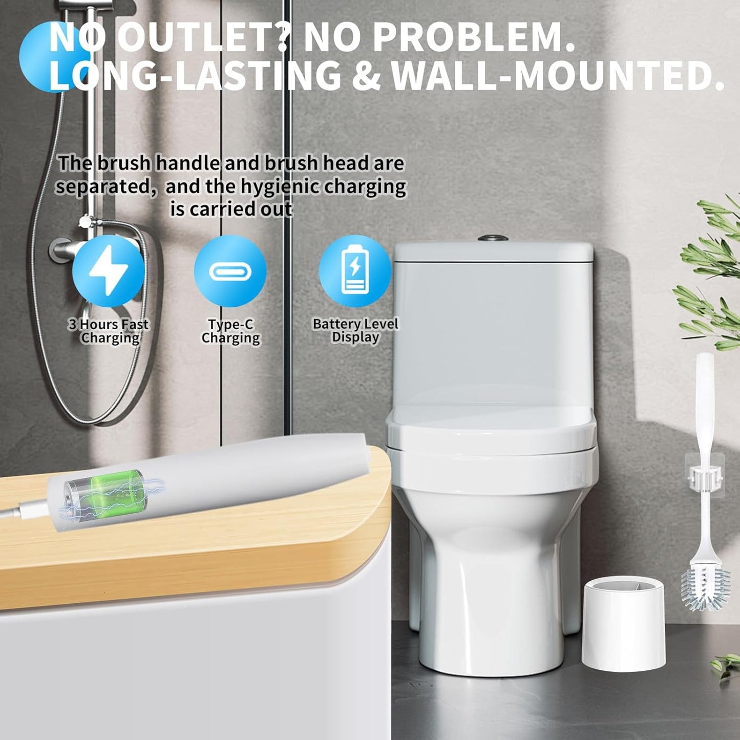 Electric Toilet Brush with Holder, Ultra Quiet & Powerful Scrubbing, IPX7 Waterproof Self-Cleaning Brush for Toilet/Bathtub/Grout, Cordless Spin Scrubber with 320RPM Turbo Power - White