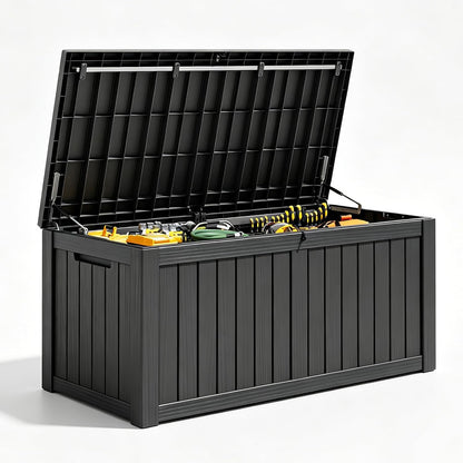 Outdoor Deck Storage Box,Resin Deck Boxes Indoor and outdoor, Waterproof Storage Box Lockable Lid (Black,35 Gallon)