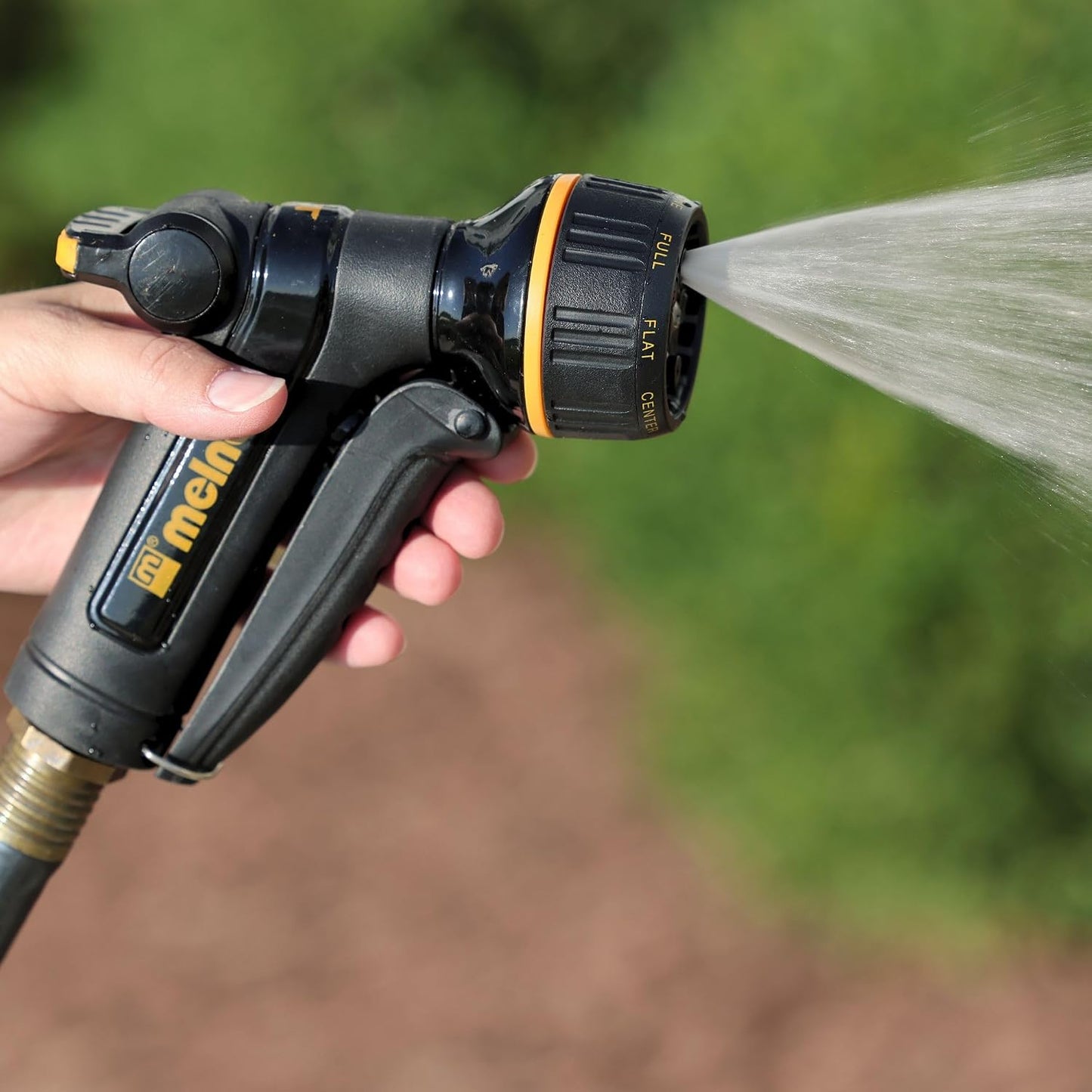 Melnor 65020-AMZ Metal Multi-Pattern Hose Nozzle with Rear Trigger Grip, 7 Spray Patterns, Heavy-Duty Metal Construction, Quick Connect Adapter, Black, Orange