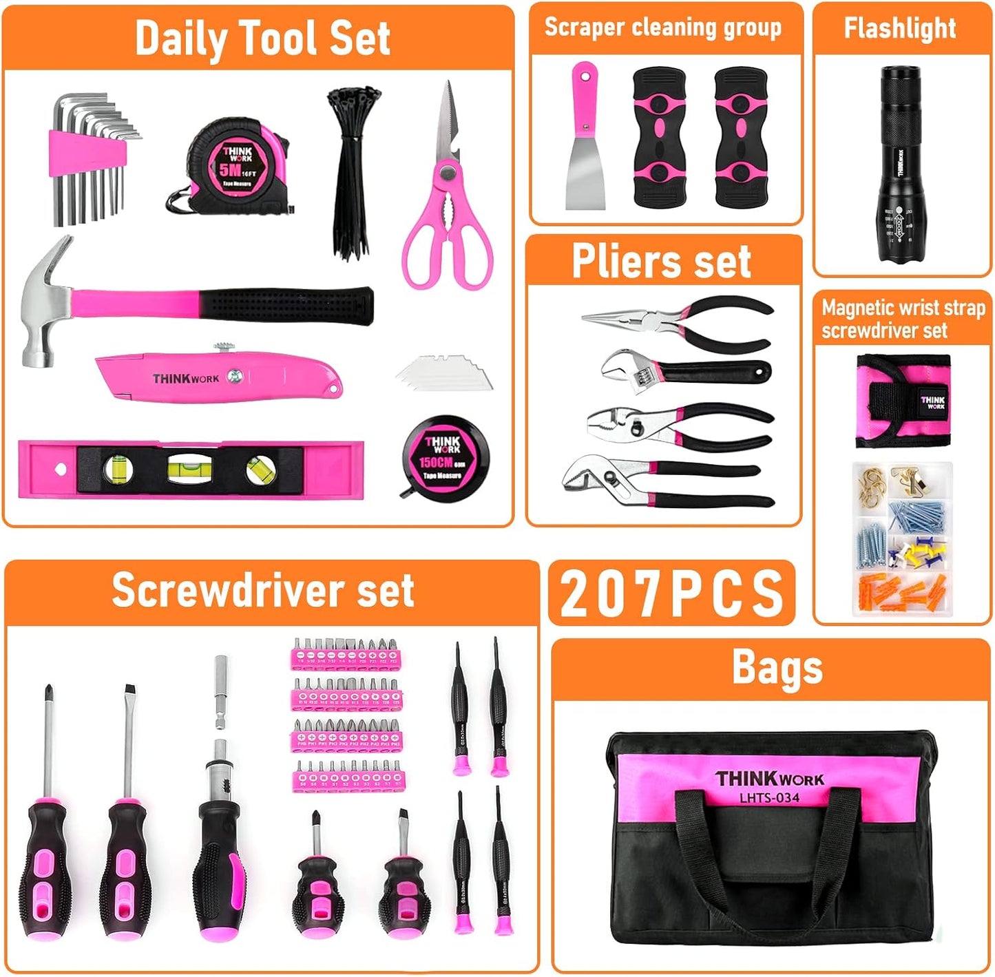 THINKWORK Pink Tool Set - 207 Piece Lady's Portable Home Repairing Tool Kit with 13'' Wide Mouth Open Storage Tool Bag, Perfect for DIY, Home Maintenance - Christmas Gift for Women, LHTS-034