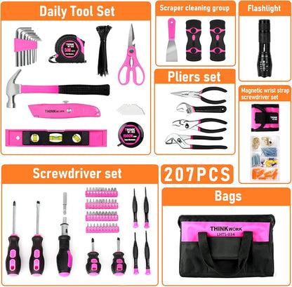THINKWORK Pink Tool Set - 207 Piece Lady's Portable Home Repairing Tool Kit with 13'' Wide Mouth Open Storage Tool Bag, Perfect for DIY, Home Maintenance - Christmas Gift for Women, LHTS-034