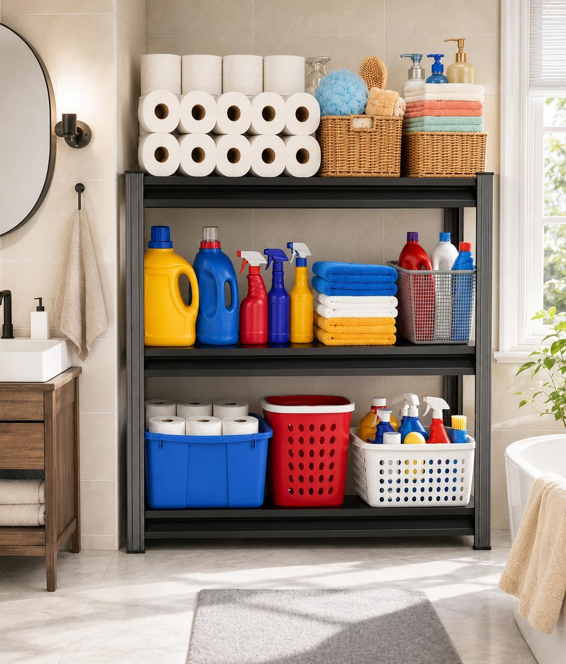 Heavy Duty Over Washer and Dryer Storage Shelf, 4 Tier Adjustable Metal Laundry Room Organizer, Freestanding Utility Shelving Rack, Rust Resistant Steel Storage Shelf, Black, 19.7"Wx 13.8"Dx 44.1"H