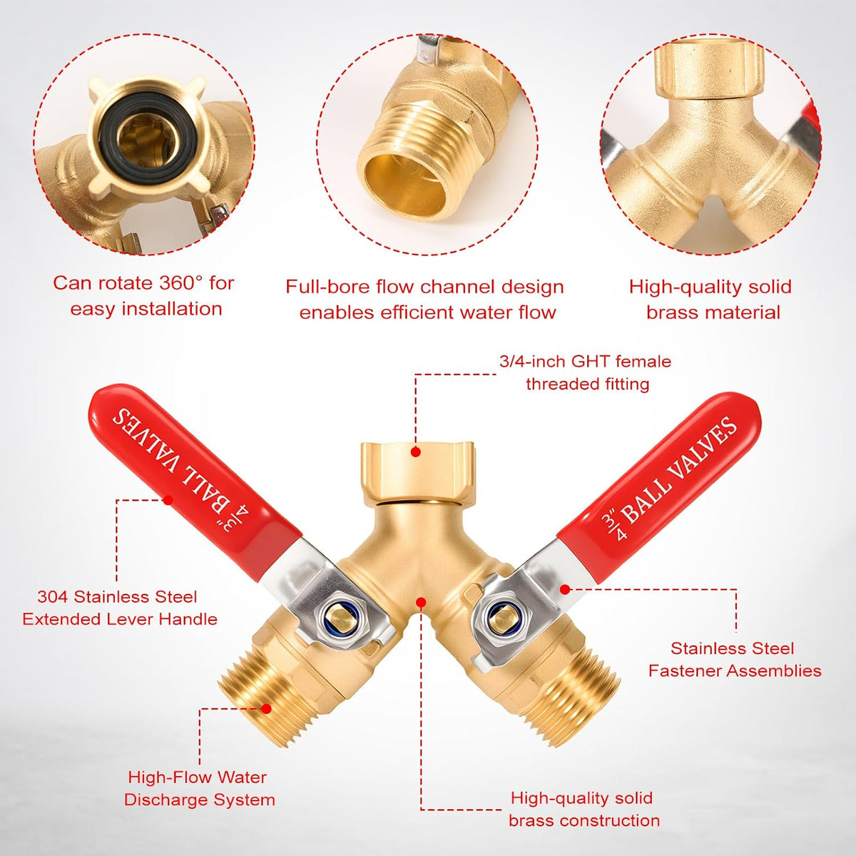 Hose Splitter 2 Way, 3/4 Inch GHT Thread Y Valve Connector with Stainless Steel Long Handle, Full Flow Garden Brass Hose Splitter for Outdoor Watering, Irrigation, Washing