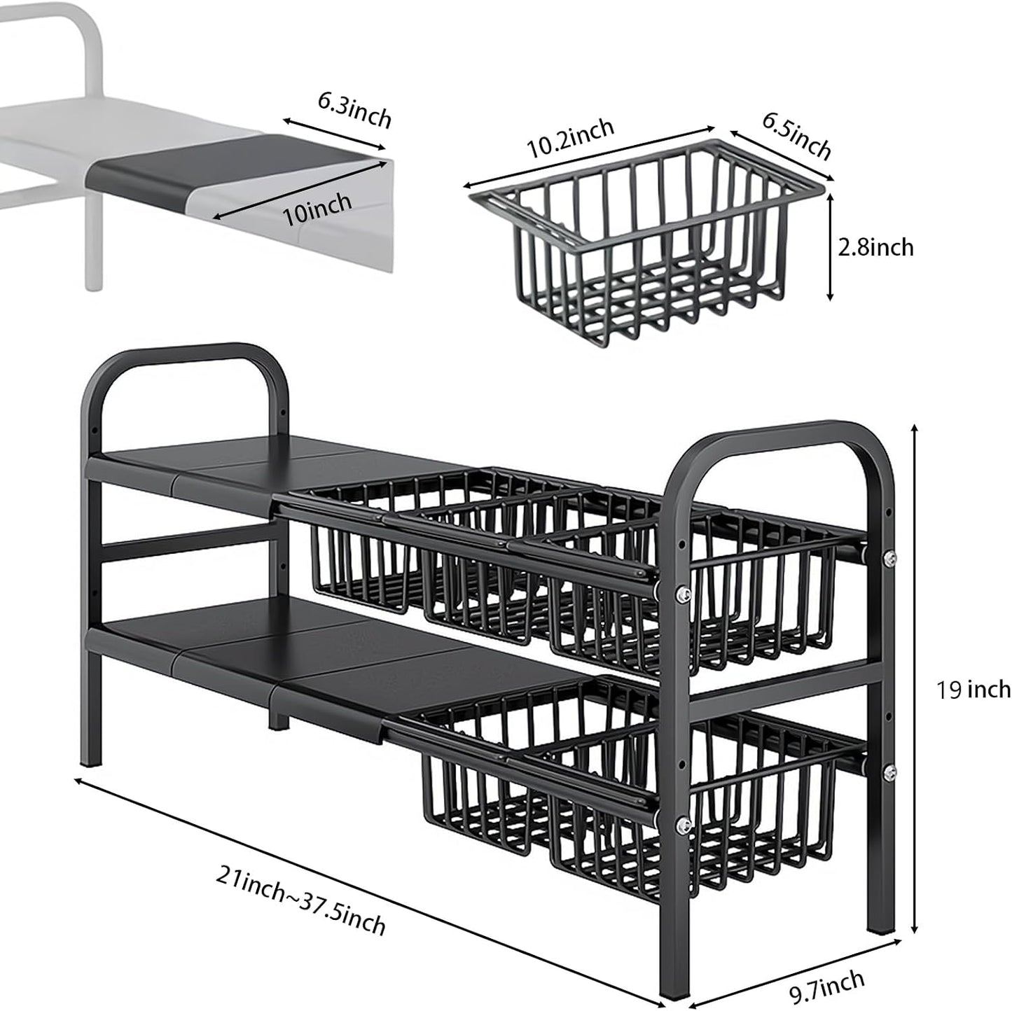Under Sink Organizer，2 Tier Expandable Heavy Duty Metal Shelf，with 5 Removable Panels and 5 Storage Basket for Under Kitchen Bathroom Sink Organizers and Storage(Black, Large)