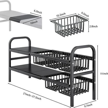 Under Sink Organizer，2 Tier Expandable Heavy Duty Metal Shelf，with 5 Removable Panels and 5 Storage Basket for Under Kitchen Bathroom Sink Organizers and Storage(Black, Large)