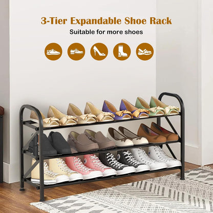 4-Tier Expandable Shoe Rack, Stackable and Adjustable Shoes Organizer Storage Shelf, Sturdy and Durable Metal Structure Free Standing Shoe Rack for Closet Entryway Doorway