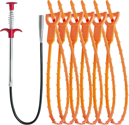 Hair Drain Clog Remover Tool – 6 × 25-Inch Sink Snake + 1 × 24-Inch Drain Cleaner Tool, Plumbing Snake for Shower, Toilet, Kitchen Sink & Tub – 7-Piece Hair Removal Tool Set