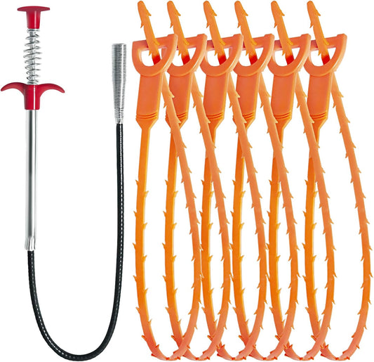 Hair Drain Clog Remover Tool – 6 × 25-Inch Sink Snake + 1 × 24-Inch Drain Cleaner Tool, Plumbing Snake for Shower, Toilet, Kitchen Sink & Tub – 7-Piece Hair Removal Tool Set