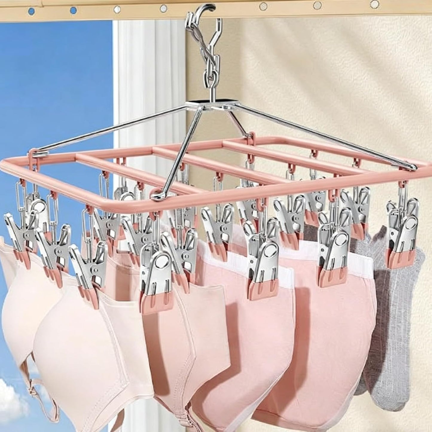 Drying Rack for Sock, Stainless Steel Sock Drying Rack with 23 Clips, Swivel Hook Windproof Hanger for Sock, Laundry, Hat, Scarf, Bras, Towel, Underwear, Pants, Gloves (White)
