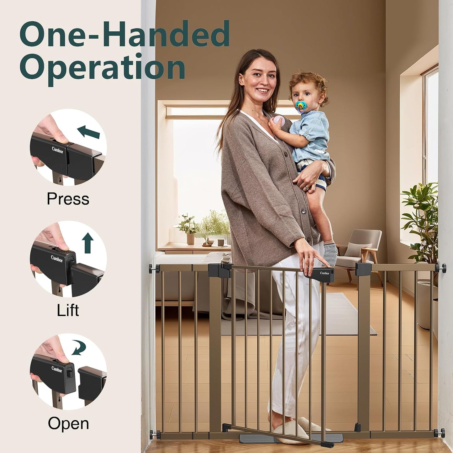 Cumbor 29.7-48" Baby Gate for Stairs, Mom's Choice Awards Winner-Dog Gate for Doorways, Auto Close Safety Pet Gate for Dogs Indoor, Easy Install Pressure Mounted Child Gate with Walk Thru Door, Brown