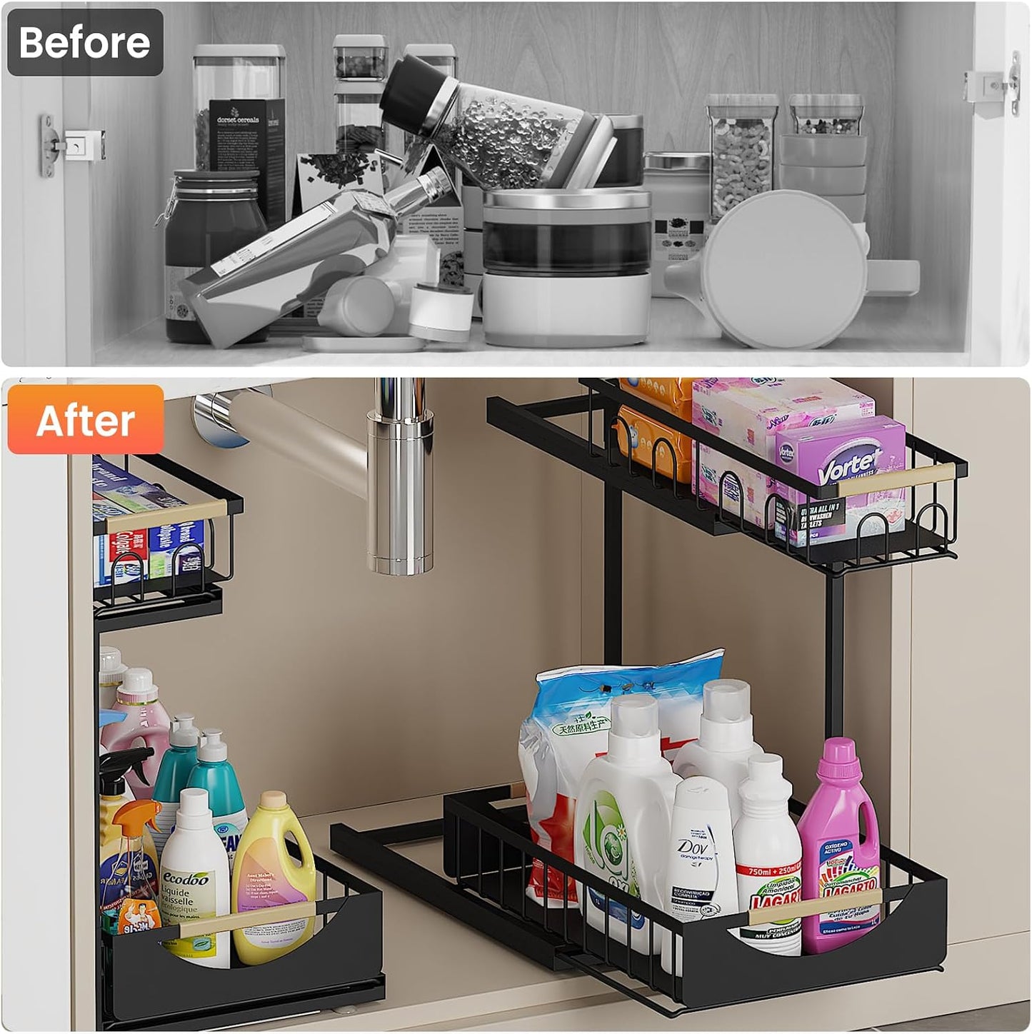 Under Sink Organizer and Storage for Bathroom and Kitchen - 2 Pack 3 Tier Under Cabinet Pull Out Shelf Organizers - Slide Out Drawer Organization for Home Cabinets Shelves and Drawers