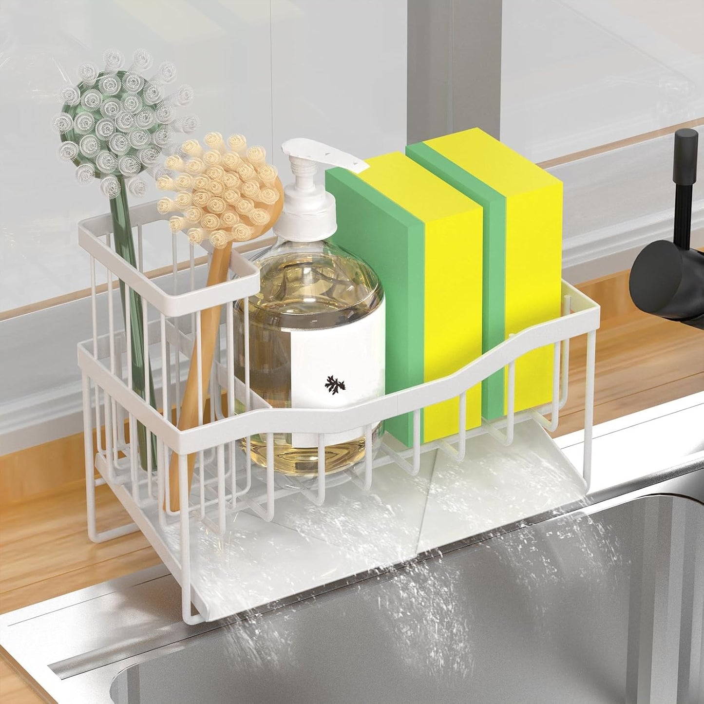 Maifan Sink Caddy Sponge Holder for Kitchen with Brush Holder and Stainless Steel Self Drain Tray, Rustproof Kitchen Sink Organizer for Sponge, Soap Dispenser Storage Accessories (Lacquer Silver)