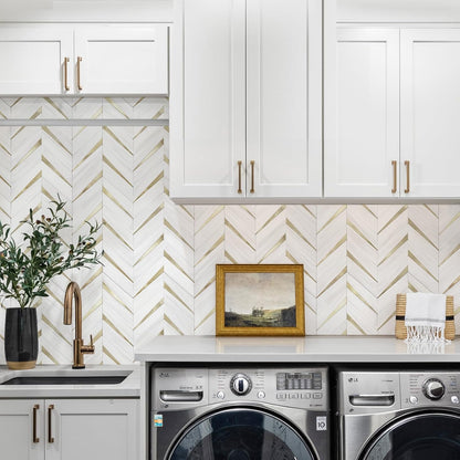 STICKGOO 10-Sheet Herringbone Tile Peel and Stick Backsplash, Beige Mixed Metal Gold PVC Stick on Backsplash, Self Adhesive Wall Tile for Kitchen and Bathroom