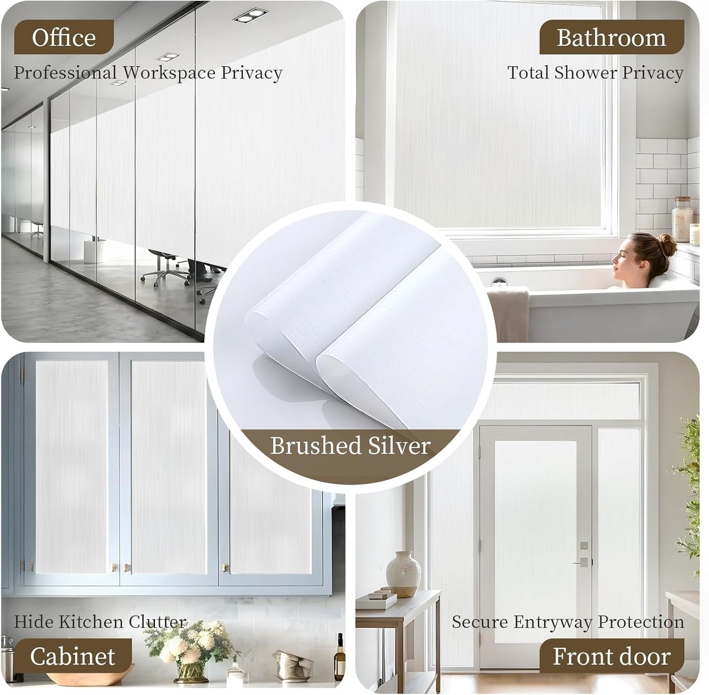 Frosted Window Privacy Film - Brushed Silver Static Cling Glass Film for Bathroom, Day and Night Door Privacy Film Window Cover to Stop Dog Barking, 17.5x78.7 Inch, Pure