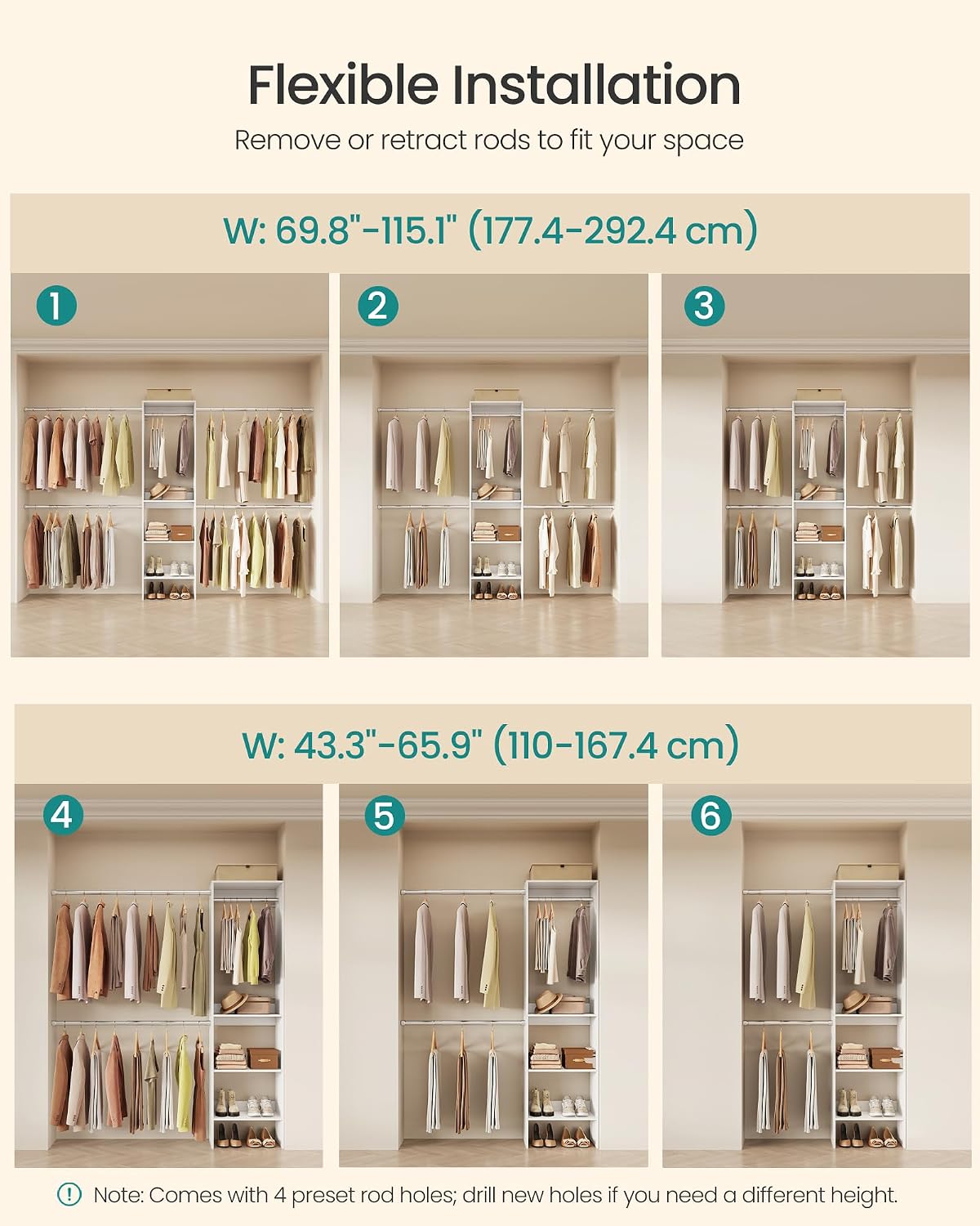 SONGMICS Closet System, Customizable Walk-In Closet Organizer System with Adjustable Hanging Rods and Storage Shelves, White, Fits Spaces 4-9.6 ft URGR040WZ01S