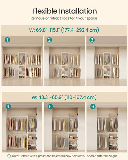 SONGMICS Closet System, Customizable Walk-In Closet Organizer System with Adjustable Hanging Rods and Storage Shelves, White, Fits Spaces 4-9.6 ft URGR040WZ01S