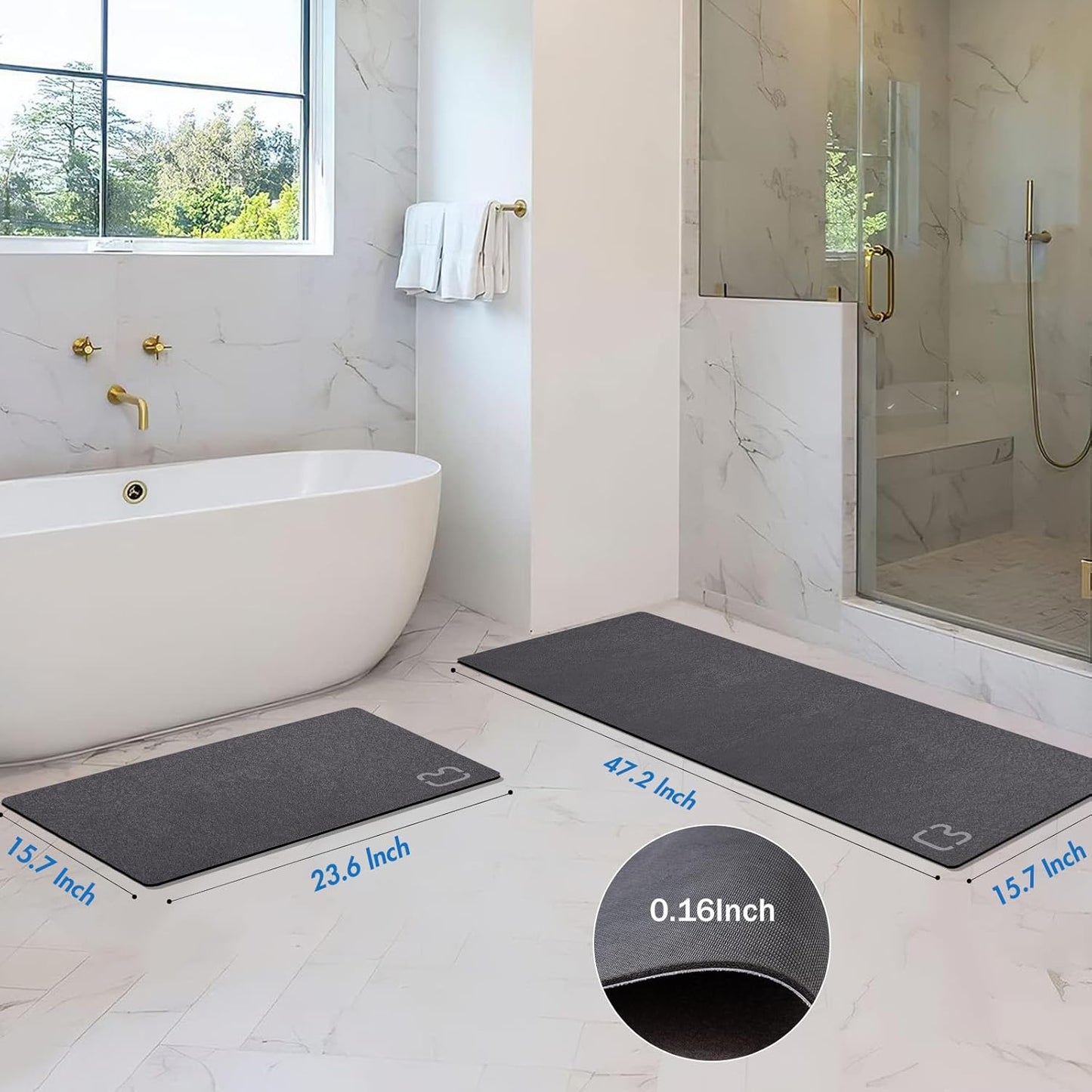 Diatomaceous Earth Bath Mat Rugs Super Absorbent Diatomite Stone Bath Mat Non Slip Quick Dry Thin Bathroom Mat Fit Under Door, Floor Rugs in Front of Bathtub, Shower Room, Sink,15.7"x23.6", Grey