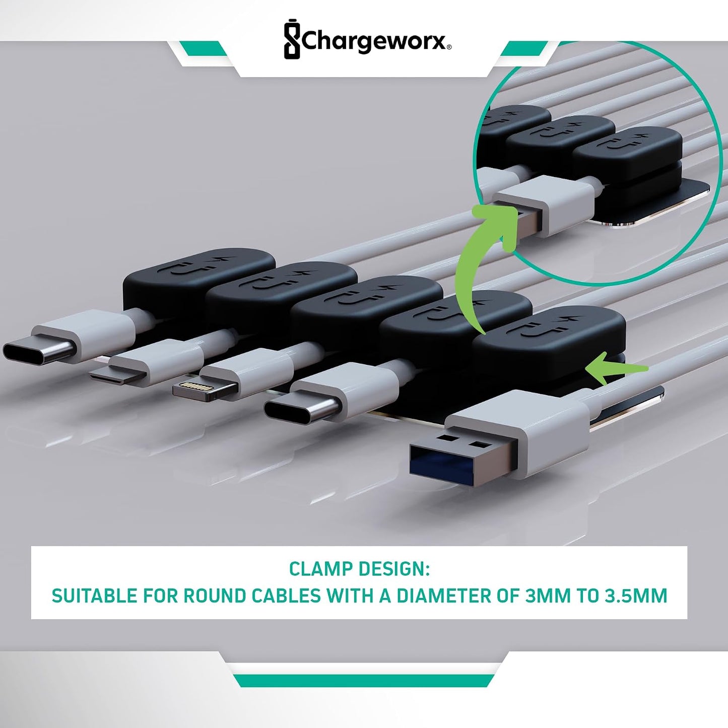 Chargeworx Magnetic Cable Clips - Cord Holder Organizer, No Drill Self-Adhesive Base, Cable Organizer, Repositionable Magnetic Clips, 5-Pack, USB-C Lightning Micro-USB, Desk Nightstand Wall Car, Black
