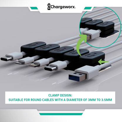 Chargeworx Magnetic Cable Clips - Cord Holder Organizer, No Drill Self-Adhesive Base, Cable Organizer, Repositionable Magnetic Clips, 5-Pack, USB-C Lightning Micro-USB, Desk Nightstand Wall Car, Black
