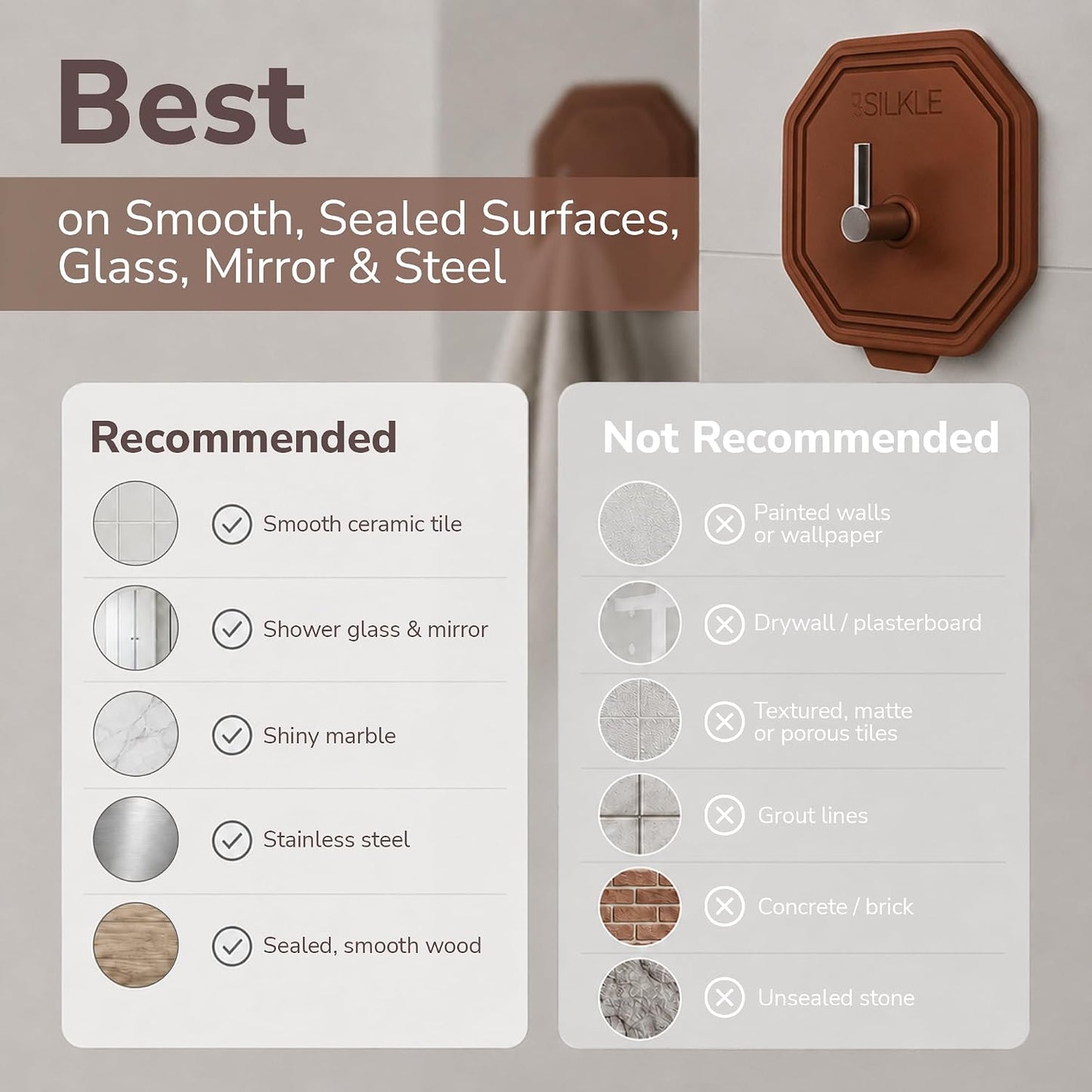 SILKLE Adhesive Silicone Shower Hooks - Adhesive Wall Hooks & Towel Holder for Bathroom, Tile, Glass, No-Drill, Waterproof & Rustproof, Heavy-Duty Stainless Steel, Damage-Free Removal - 2 Pack, Brown