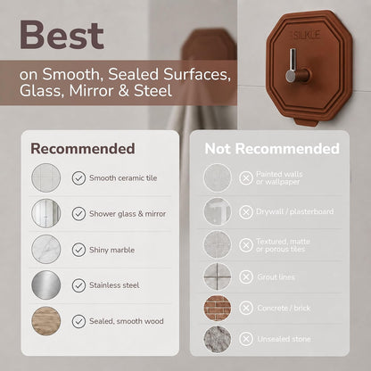SILKLE Adhesive Silicone Shower Hooks - Adhesive Wall Hooks & Towel Holder for Bathroom, Tile, Glass, No-Drill, Waterproof & Rustproof, Heavy-Duty Stainless Steel, Damage-Free Removal - 2 Pack, Brown