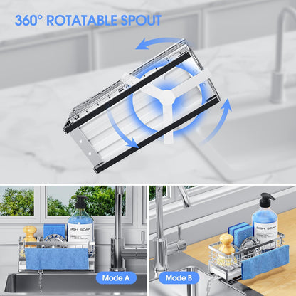 Kitchen Sink Sponge Holder, Rustproof Non-Slip Self-Draining Metal Sink Caddy with Detachable Dish Cloth Holder (Black)