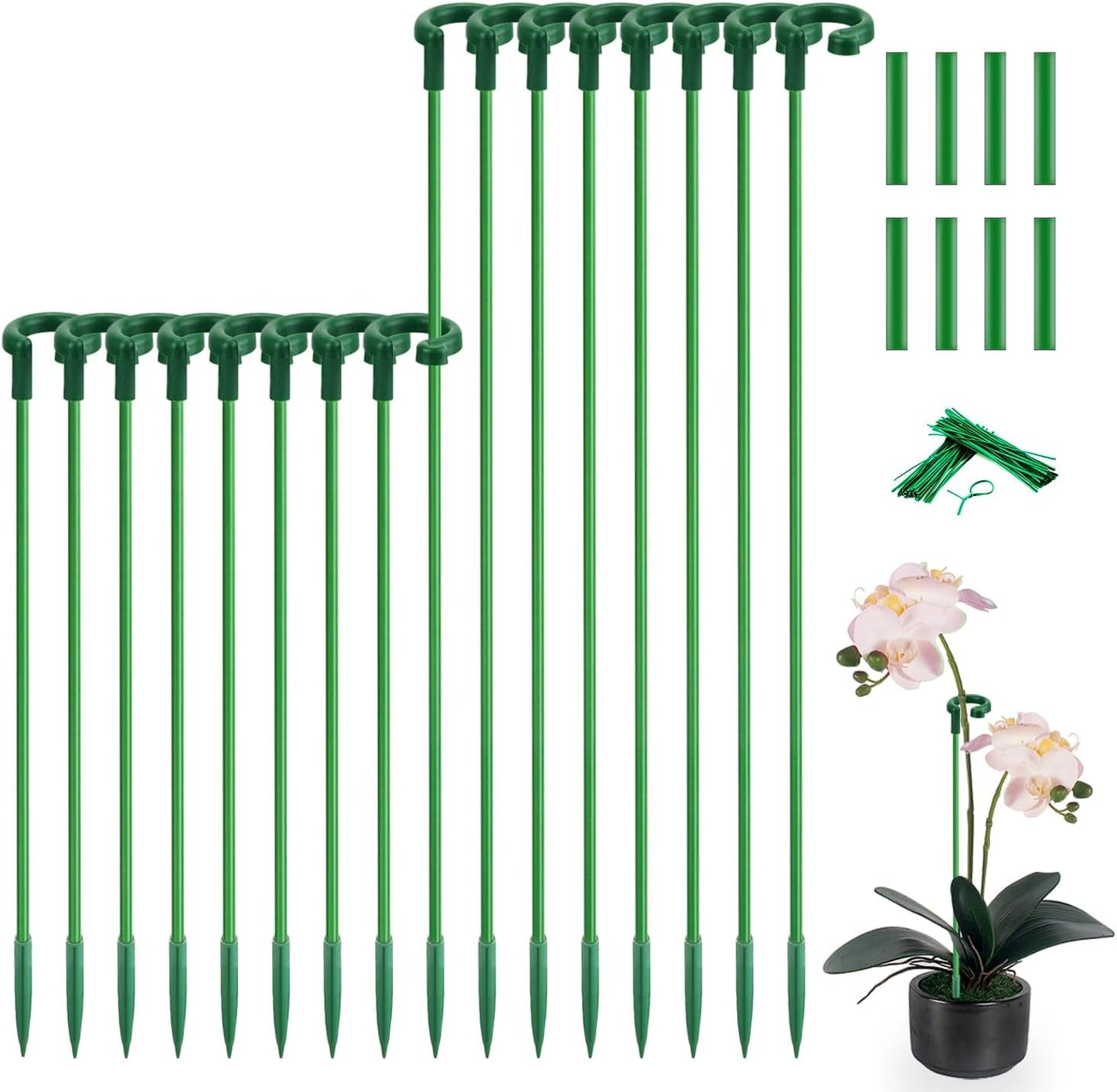 Plant Stakes 17inch &11inch SupKing Adjustable Length Plant Support Stake 16Pcs Orchid Stick with Clips for Indoor Outdoor,Garden Pole for Potted Tomato Amaryllis Vegetables Comes with 20 Ties (Green)