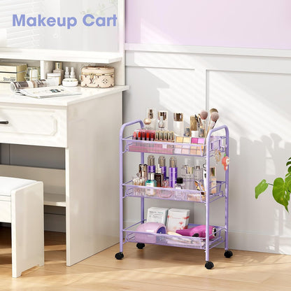 TOOLF 3-Tier Metal Rolling Cart, Mesh Wire Easy Assemble Utility Cart, Storage Trolley on Wheels with 3 Hooks, MetalStorage Shelving Units for Kitchen Bathroom Laundry Room