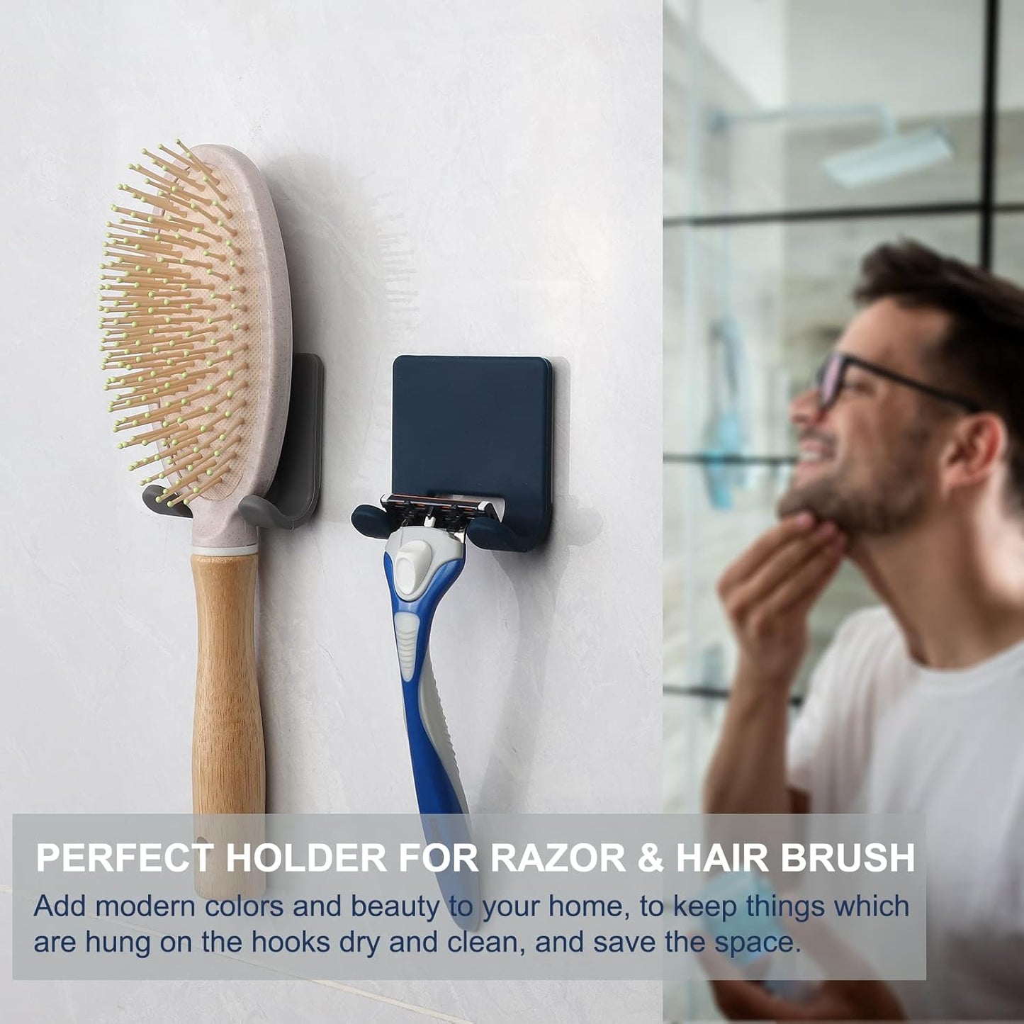 VANZAVANZU Razor Shaver Holder for Shower Wall Adhesive Hooks for Hanging, Bathroom Silicone Waterproof Shower Hooks Hair Brush Holder for Towel (2 Pack-White)