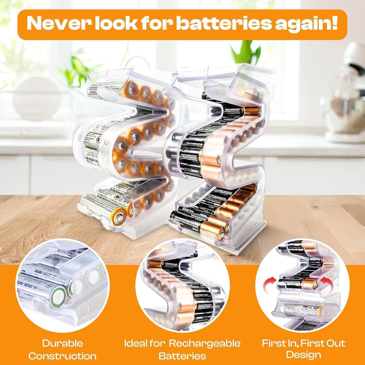 Battery Ladder Case - Battery Organizer & Dispenser (AAA & AA) | Stack It or Wall-Mount It To Dispense Batteries in First-In-First-Out Order, Tidy Storage for Home, Garage & Workshop