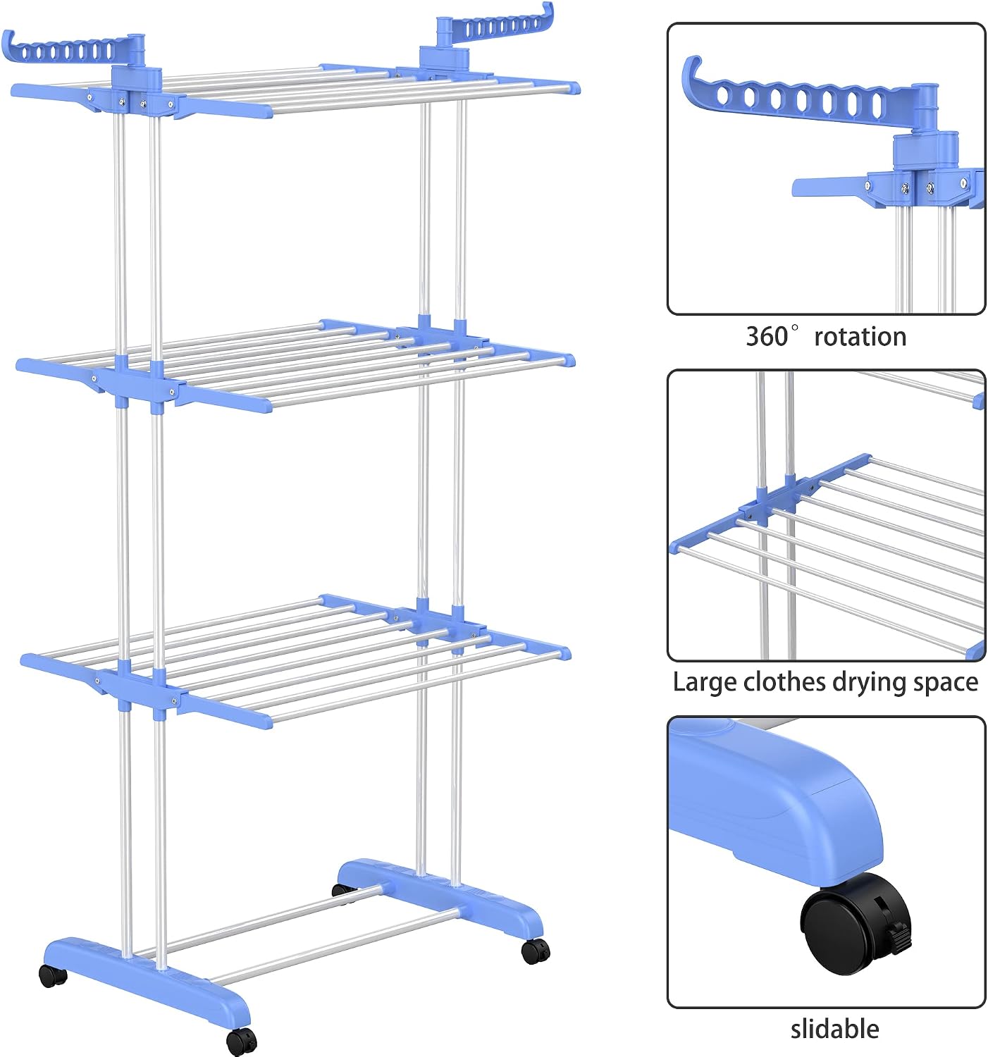 HOMIDEC Clothes Drying Rack, Oversized 4-Tier(67.7" High) Foldable Stainless Steel Drying Rack Clothing, Movable Drying Rack with 4 castors, 24 Drying Poles and 14 Hooks for Bed Linen, Clothing, Grey