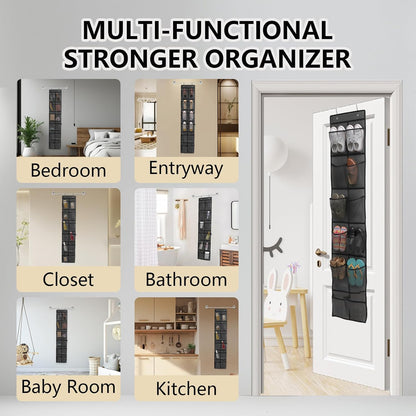 Over the Door Shoe Organizer, 12 Mesh Pockets Hanging Shoe Organizer with 4 Metal Hooks (Black)