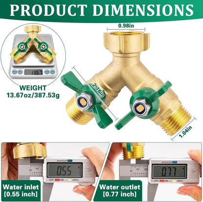 Garden Hose Splitter 2 Way, Heavy Duty Brass Hose Splitter, 3/4" GHT Hose Y Splitter with Shutoff, Full Flow Outdoor Faucet Splitter, Water Hose Y Valve Tap Adapter