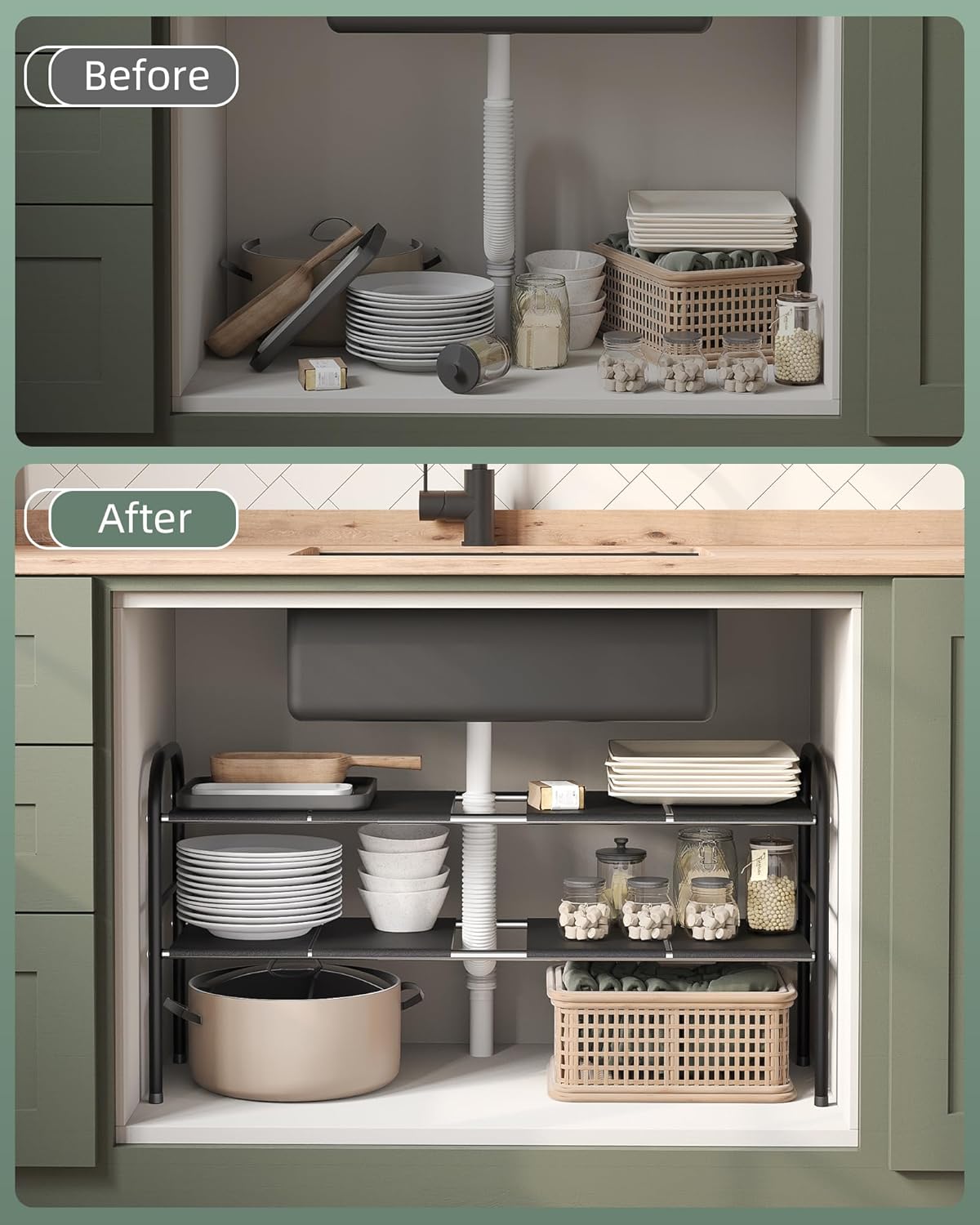 NETEL Under Sink Organizers and Storage, 2 Tier Expandable Under Cabinet Organizer Shelf with 4 Baskets and 4 Panels, Expandable Shelf for Cupboard, Kitchen, Bathroom, Shoe Storage Rack