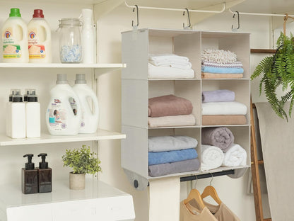 StorageWorks Hanging Closet Organizer with Metal Rod, 4-Section Closet Organizers and Storage, Collapsible Hanging Shelves for Baby Clothes, Shoes, Sweater Storage, Ivory and White