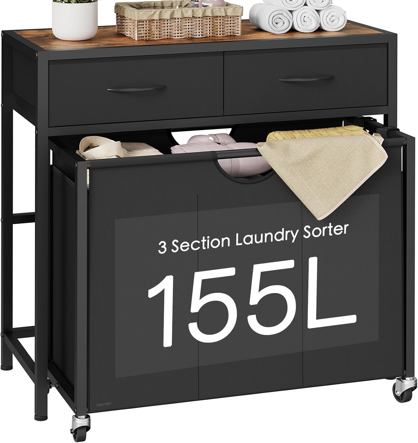 Laundry Sorter 3 Section, 120 L Laundry Hamper with 2 Drawers & 2-tone Top Panel, Rolling Laundry Basket Organizer with Pull-Out Removable Oxford Fabric Bags for Laundry Room Organization UNZYL006BVV3