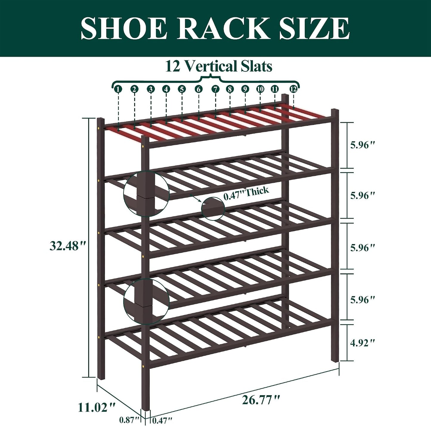 Smiry Bamboo Shoe Rack, 3 Tier Free Standing Wooden Shoe Organizer, Stackable Wood Shoe Storage Shelf for Closet, Entryway, 12 Vertical Slats, 2+1 Stack Standard Legs, 26.8"x11"x19.5", Natural
