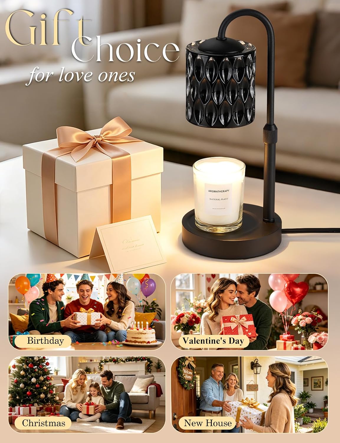 Briever Dimmable Candle Warmer Lamp with Timer, Height Adjustable Electric Candle Wax Warmer, Christmas Birthday Gifts for Women Mom, House Warming Gifts New Home Room Decor, Walnut Solid Wood Base