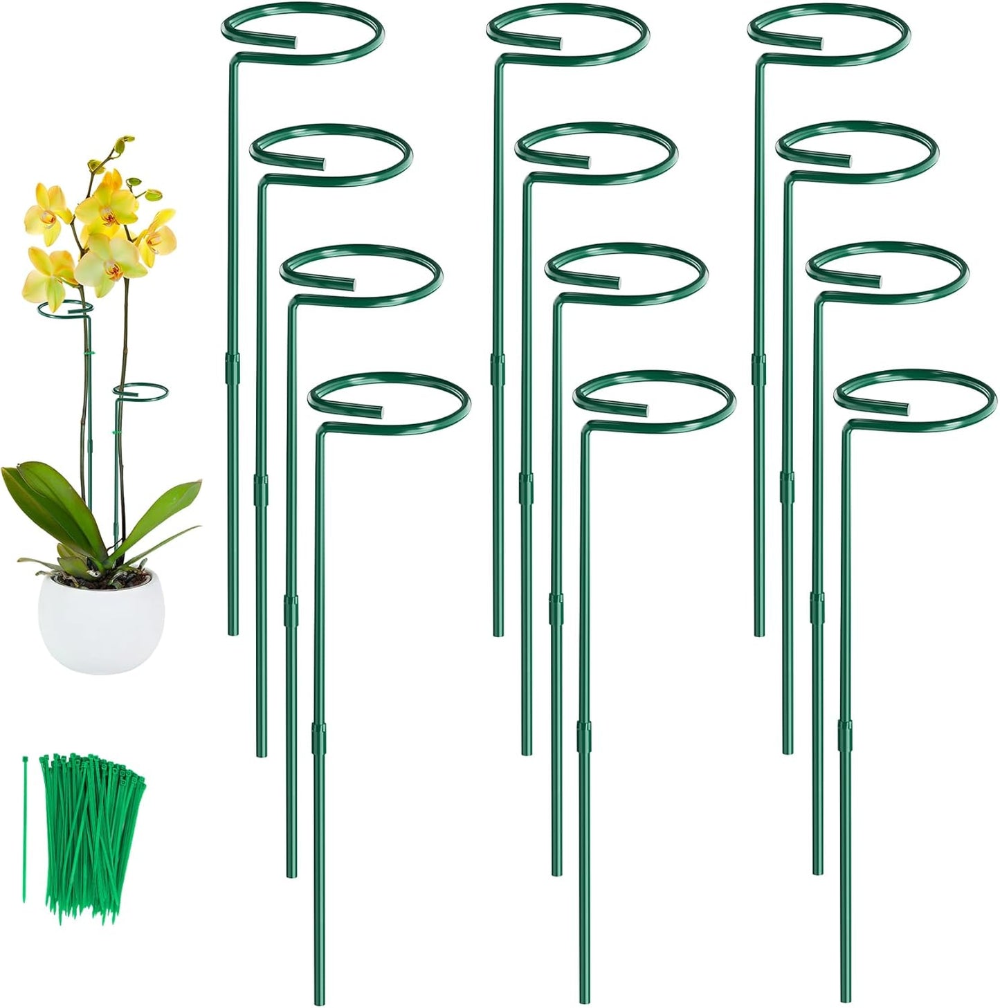 Unves 24 in Plant Stakes, 12 Pack Garden Plant Support Stakes(12" or 24") | Single Stem Plant Cage for Outdoor Indoor Plants Orchid, Tomatoes, Peony, Lily, with 100 Pcs Twist Ties
