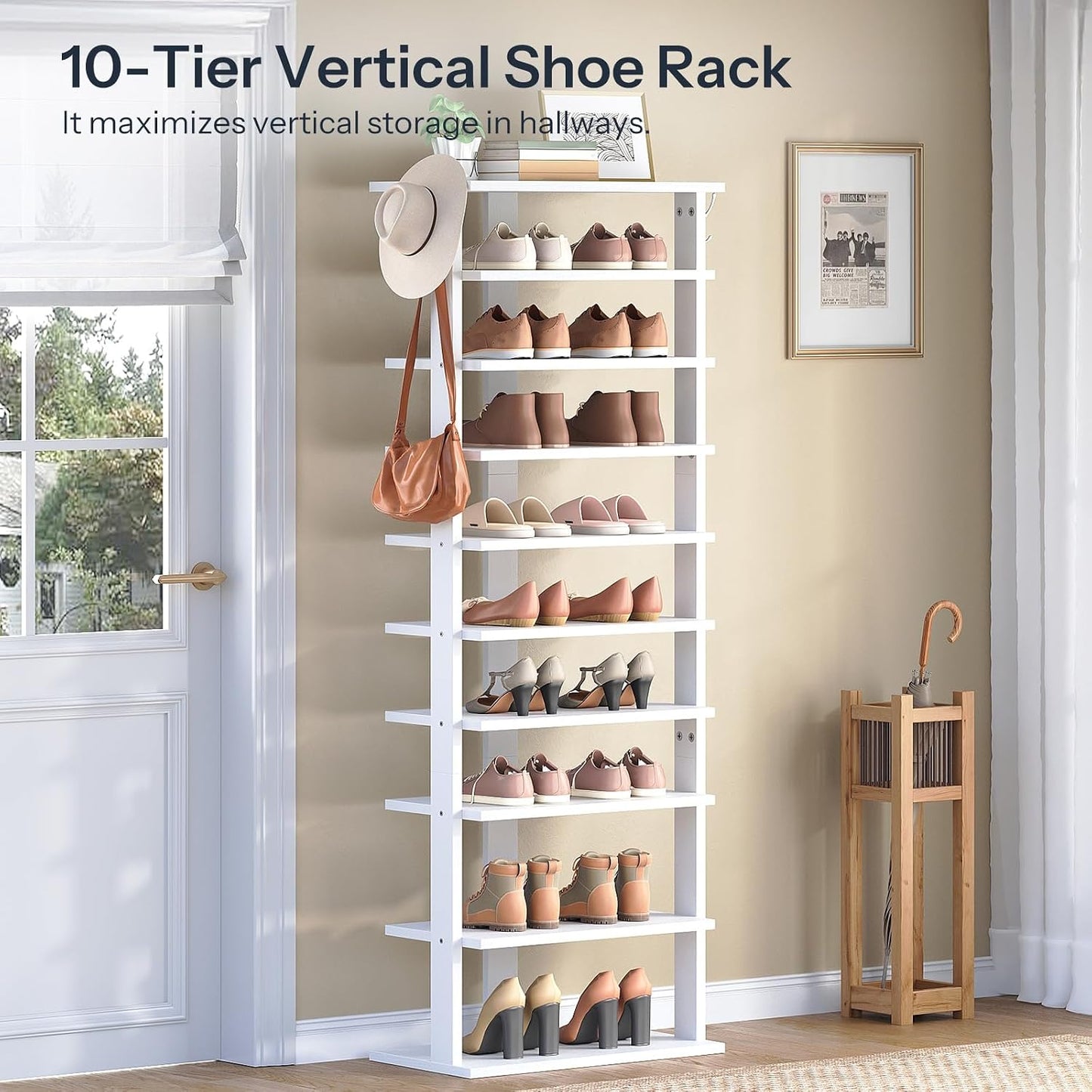 HOOBRO 8 Tiers Vertical Shoe Rack, Wooden Shoe Storage Organizer with Hooks, Narrow Shoe Tower for 8 Pairs, Space Saving, for Entryway, Living Room, Bedroom, Rustic Brown BF07XJ01G1