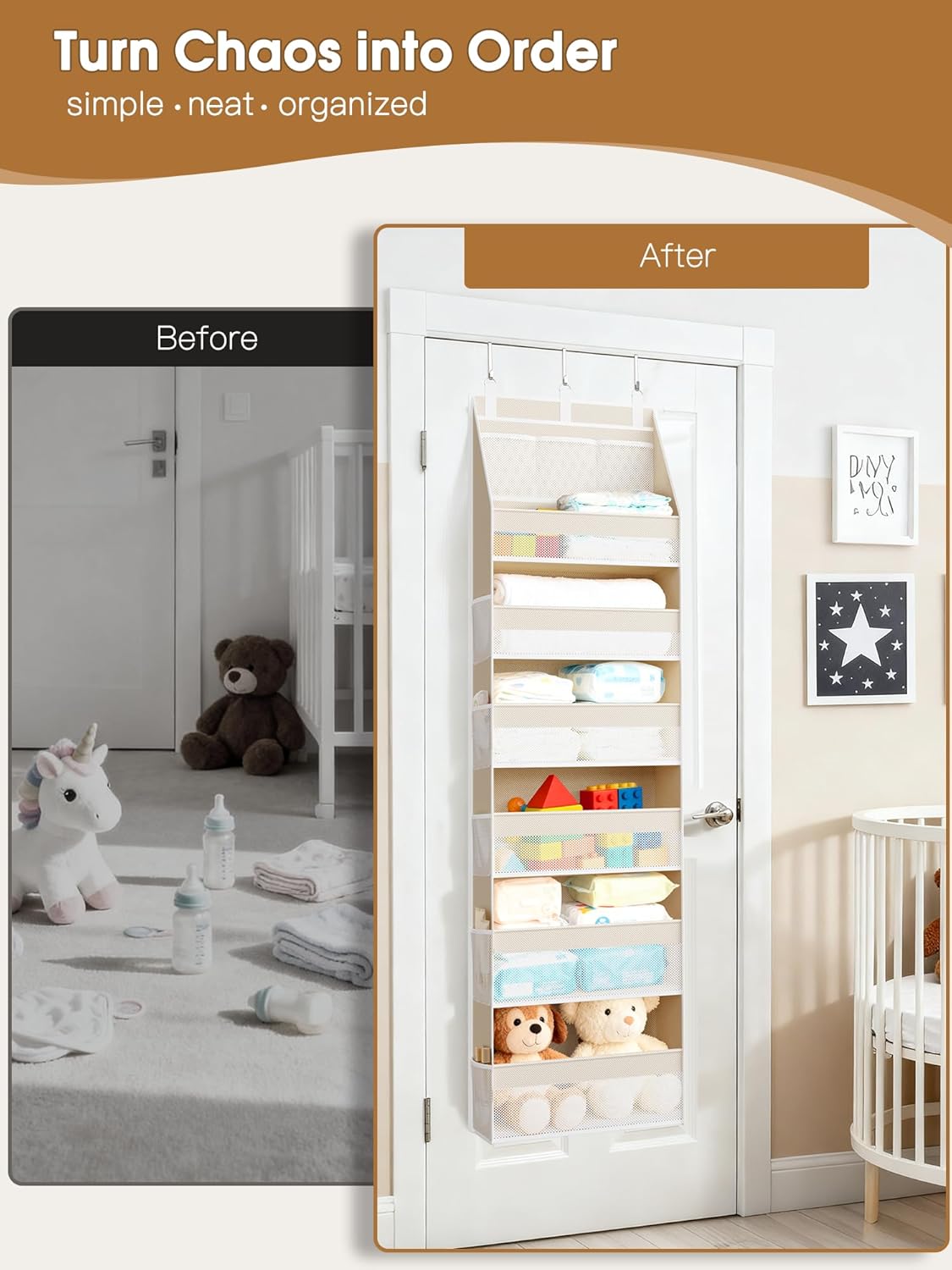 Criusia Over The Door Organizer, Heavy-Duty 6-Shelf Hanging Storage with 13 Mesh Pockets, 55lbs Capacity Behind The Door Storage for Nursery, Bathroom, Bedroom, and Dorm, Grey